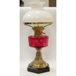 Victorian oil lamp, opaque shade, cranberry reservoir, brass base,