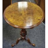 A Victorian tripod table by Amberlain & King, quarter veneered burr walnut circular top,