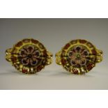 A pair of Royal Crown Derby Imari palette 1128 pattern pedestal bon-bon dishes, solid gold band,