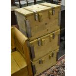 Three pine metal bound storage boxes, metal swing handle for fitting, 40.