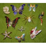 Costume Jewellery - various yellow metal and cloisonné enamel butterfly brooches,