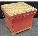 A late 19th century giltwood square box stool, hinged top,
