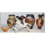 Studio Pottery - a raku fired baluster shaped vase; Alan Ward ribbed baluster shaped vase,