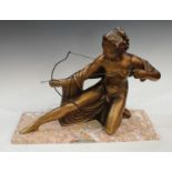 An Art Deco plaster model of Diana the Huntress, marble base, 51cm wide