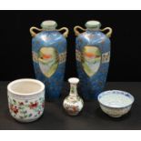 A pair of Japanese Nippon vases, 29cm; a miniature Chinese famille rose bottle vase; etc (5)