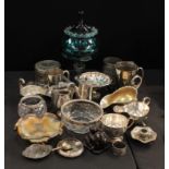 A 19th century silver coloured metal mounted caviar dish; various silver plated ware; a large blue