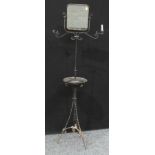 A 19th Century French standing vanity mirror and tray, scrolled wrought iron, tripod stand,