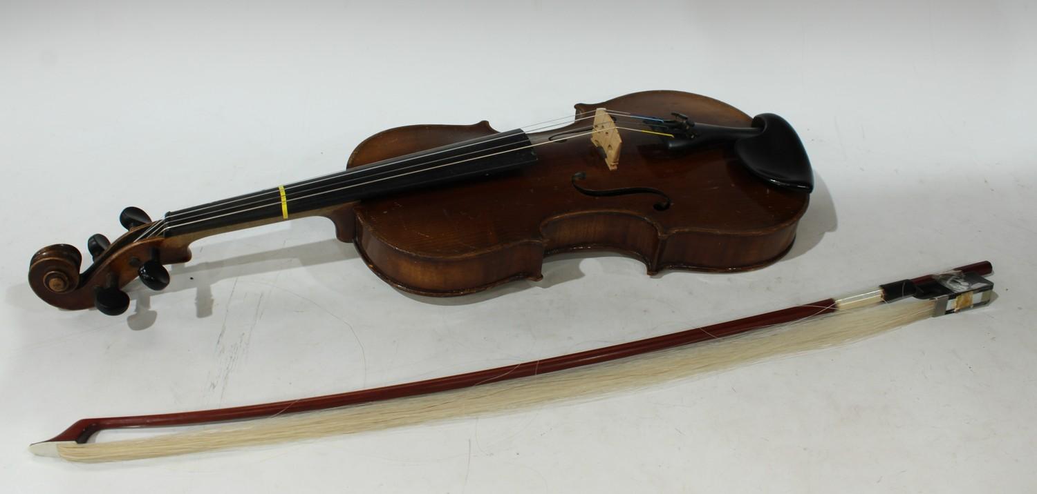 A 19th century German 3/4 size violin, the two-piece back 33.5cm long excluding button, outlined - Image 2 of 8