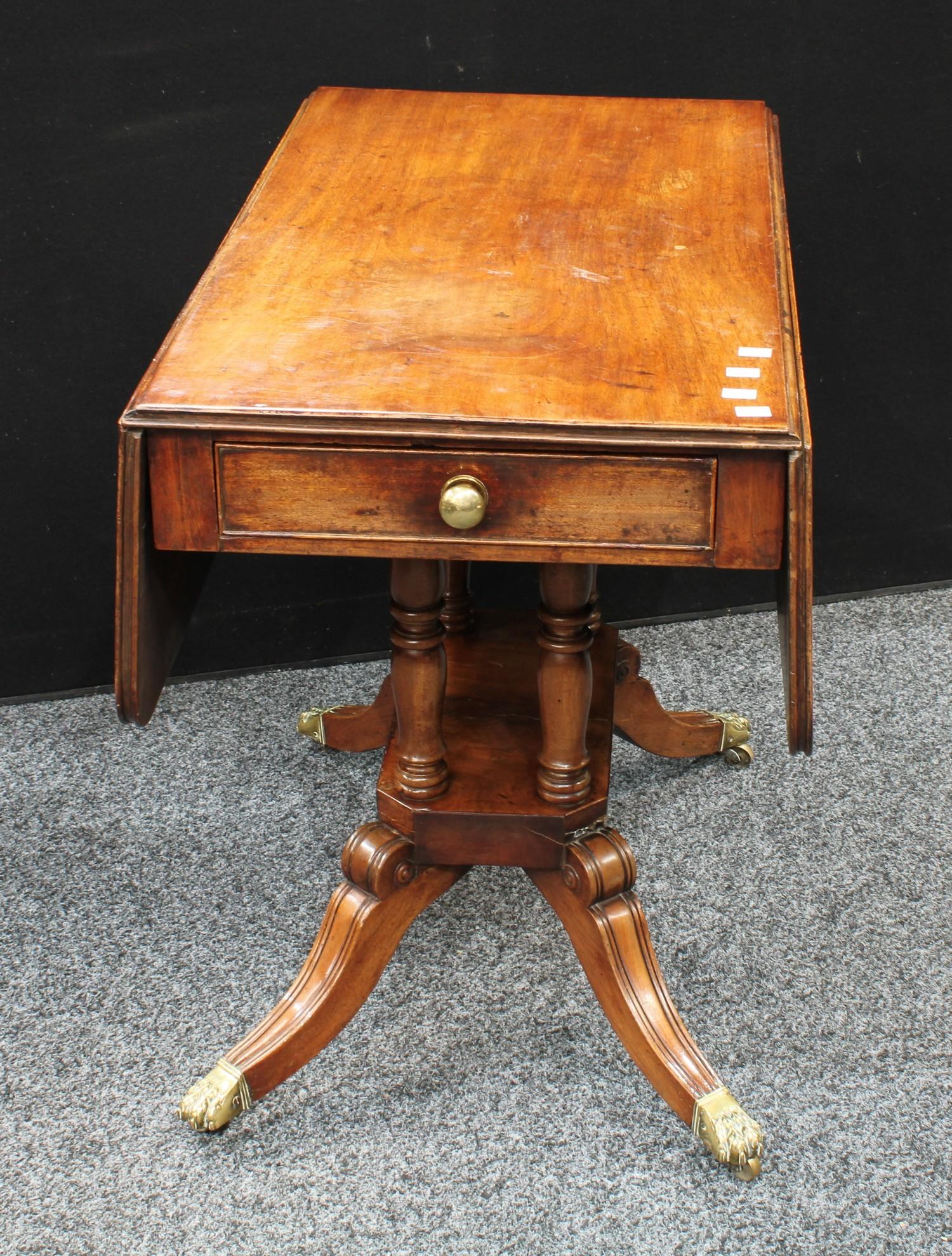 A Regency mahogany Pembroke table, rounded rectangular top with fall leaves, above a single frieze - Image 4 of 6