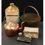 A copper kettle; a large brass jam pan; a stoneware botanical jar, Border Breweries (Wrexham) Ltd,