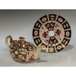 A Royal Crown Derby Imari palette 2451 pattern boat shaped teapot, printed mark in pink, early