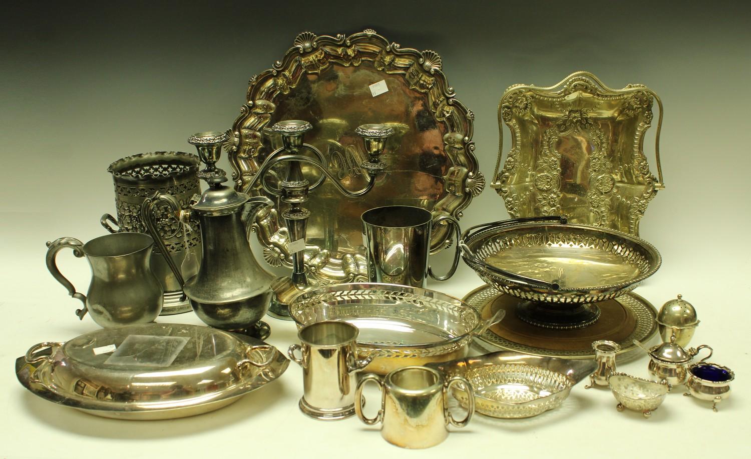 Plated Ware - a silver plated footed tray; two cake baskets; two entree dishes; a candelabra; a