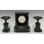 A French black marble clock garniture, Girault, the pair of urnular garnitures, 21cm high, c.1880