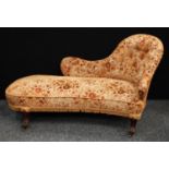 A Victorian drawing room chaise longue, shaped button back, stuffed over upholstery, 157cm long