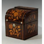 A 19th century Dutch satinwood marquetry and mahogany decanter box, profusely inlaid with a bird,