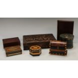 A collection of 20th century wooden boxes, including a secret money box in the form of a book (7)