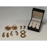 A pair of 9ct gold and amethyst droplet earrings; a pair of 9ct gold Creole earrings; other 9ct gold