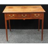 A George III oak lowboy, oversailing rectangular top above three frieze drawers, brass swan neck