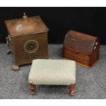 An early 20th century copper and brass fuel box; An oak tampour front stationery; An Victorian
