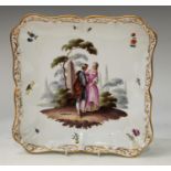 A Meissen shaped square dish, outside decorated in the Watteauesque taste with a courting couple