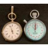A 19th century pocketwatch pedometer, enamel dial, hammmer action mechanism, glazed rear cover, F