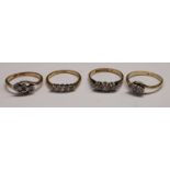 An 18ct gold three stone illusion set diamond ring; three other 18ct gold diamond rings, similar,