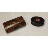 A 19th century walnut cushion shaped snuff box, c.1870; another, horn with banded agate boss (2)