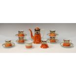 A Japanese Noritake coffee set for six, coffee pot, cream jug and sugar bowl, printed mark, early