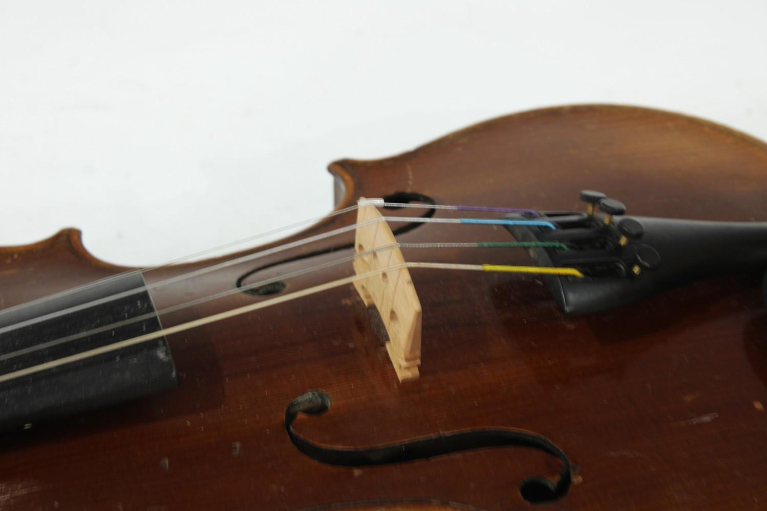 A 19th century German 3/4 size violin, the two-piece back 33.5cm long excluding button, outlined - Image 6 of 8