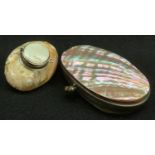 A 19th century shell snuff box, mother of pearl inlaid hinged cover, approx 52mm long; an abalone