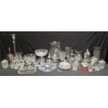 Glassware - a large glass flower vase; cut water jug; cut tumblers; vinegar bottles, decanters;