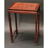 A Chinese hardwood occasional table, rectangular top inlaid in silvered wire with horses, shaped