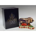 A Royal Crown Derby paperweight, Bull, gold stopper, 20cm wide, first quality, boxed