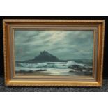 N Henderson St Michaels Mount by Moonlight signed, dated 1971, oil on board, 23cm x 38cm