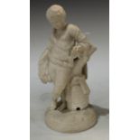 A English Porcelain parian figure, Autumn, he stands by a bee skip holding a bundle of corn, 24cm