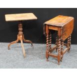 A 19th century oak rectangular tilt top table, turned column, tripod supports, a small 1920s oak