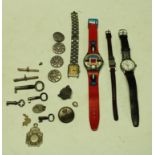 A Swatch wristwatch, AG 1992; other watches; 19th century keys; buttons and fobs