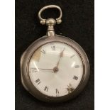 A George III silve pair cased pocket watch, Daniel Elliott, London, enamel dial, fusee movement,