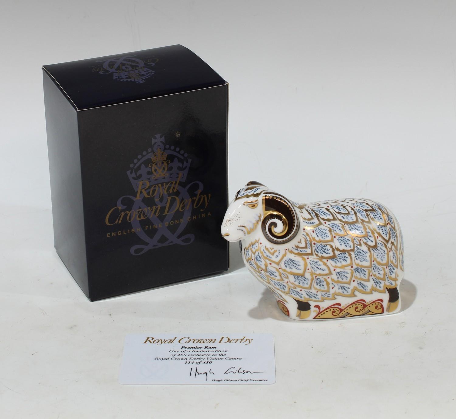 A Royal Crown Derby paperweight, Premier Ram, Visitor Centre exclusive, gold stopper, John Ablitt