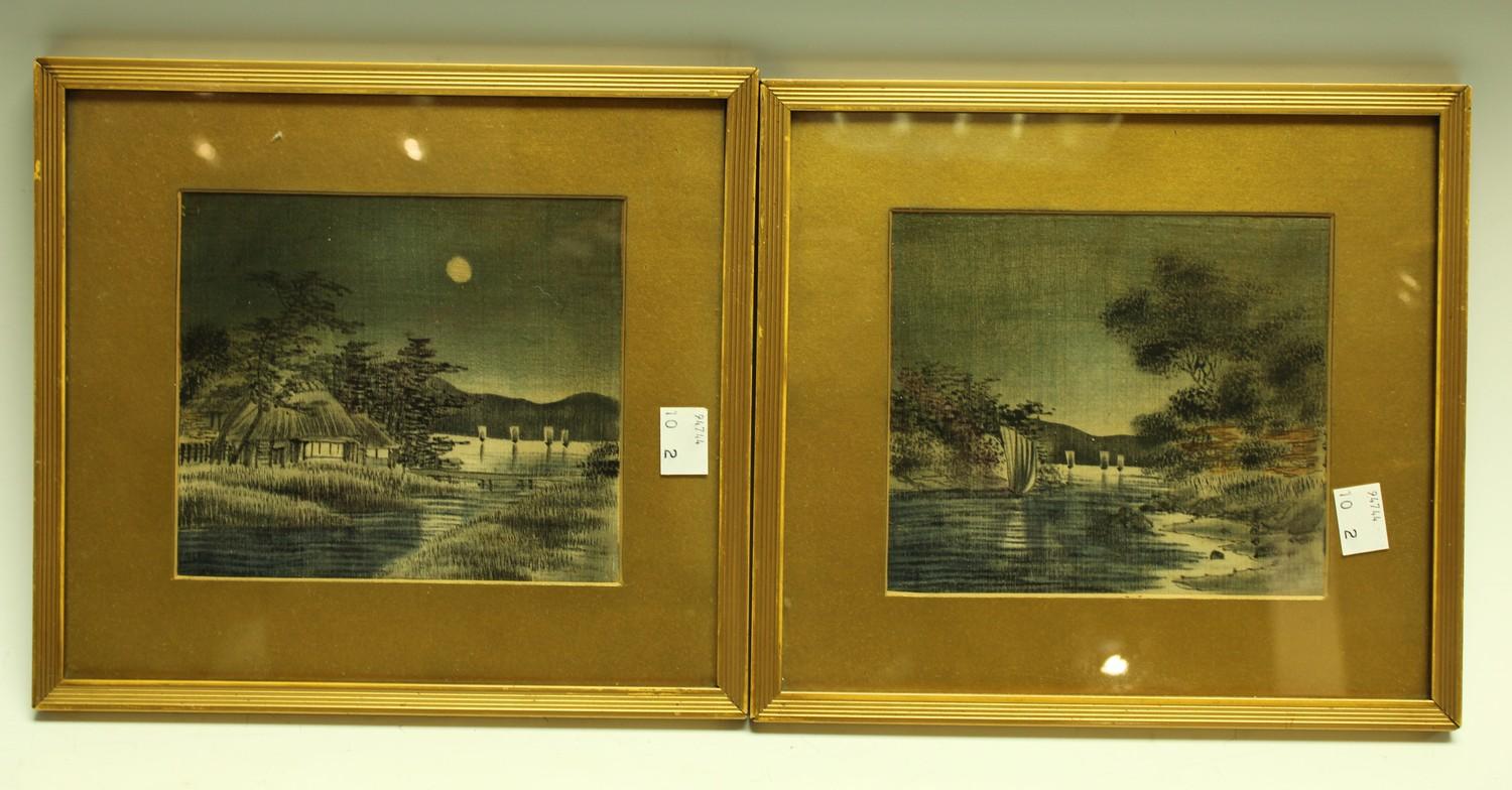 A pair of Japanese painted silks, riverscapes, 13cm x 15cm (2)