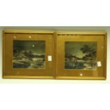 A pair of Japanese painted silks, riverscapes, 13cm x 15cm (2)
