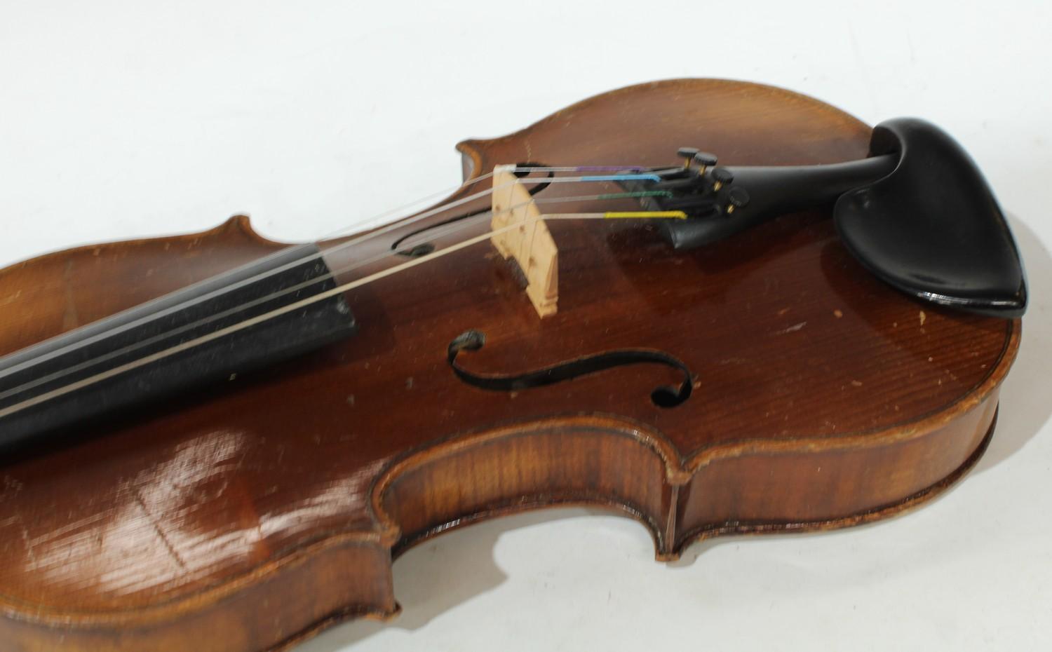 A 19th century German 3/4 size violin, the two-piece back 33.5cm long excluding button, outlined - Image 3 of 8