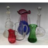 Glassware - a bell shaped decatner, acid etched, faceted stopper; another decanter; a Powell style