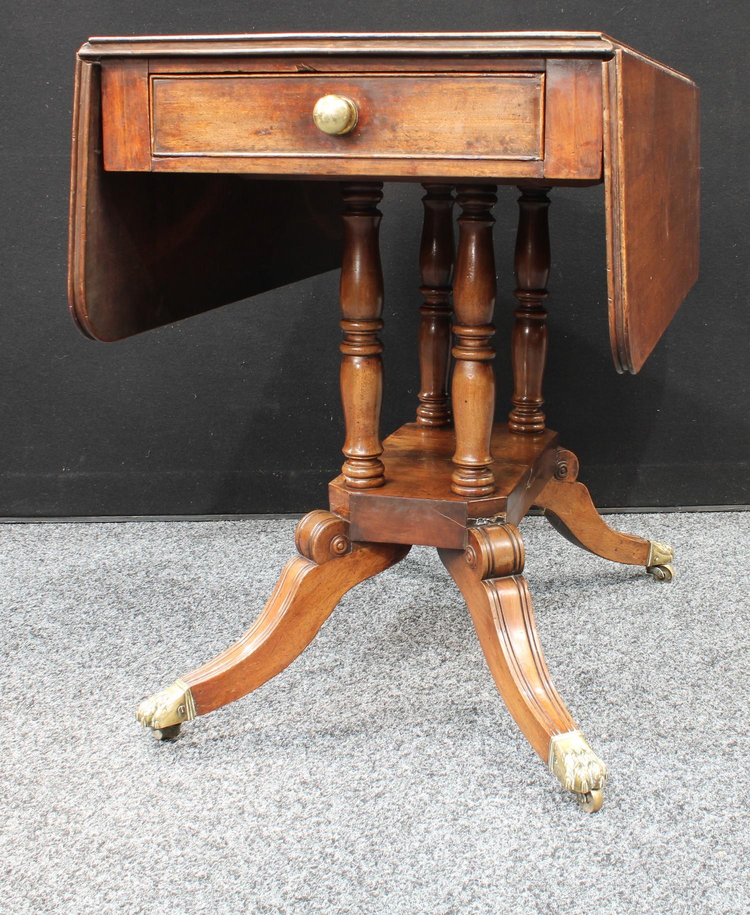 A Regency mahogany Pembroke table, rounded rectangular top with fall leaves, above a single frieze - Image 5 of 6