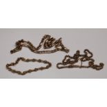 A 9ct gold curb link necklace, 8.6g; a 9ct gold necklace, 8.2g; a metal bracelet, unmarked, 7.3g (3)