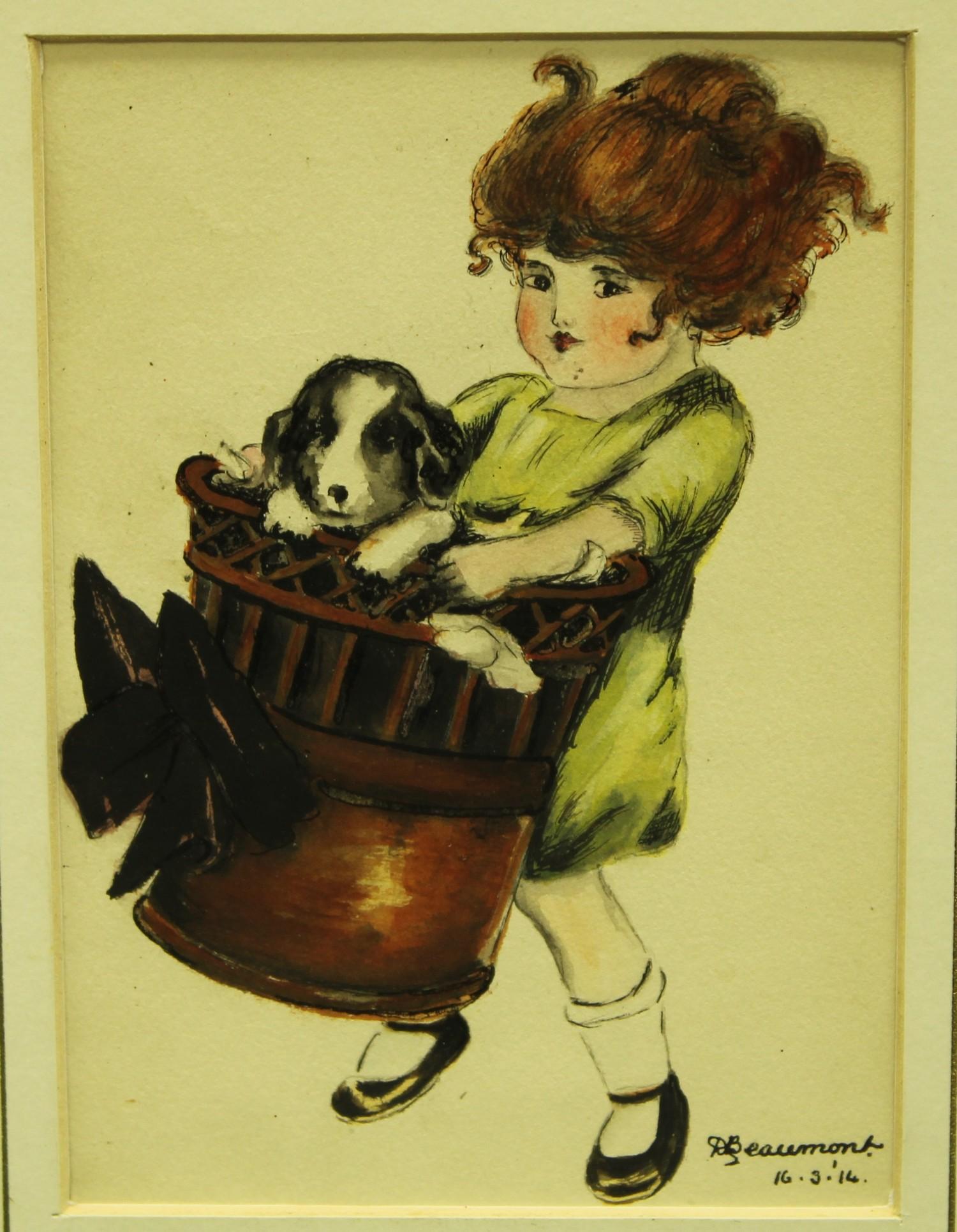 D Beaumont Dog in a Basket signed, dated 16.3.14, watercolour - Image 2 of 3