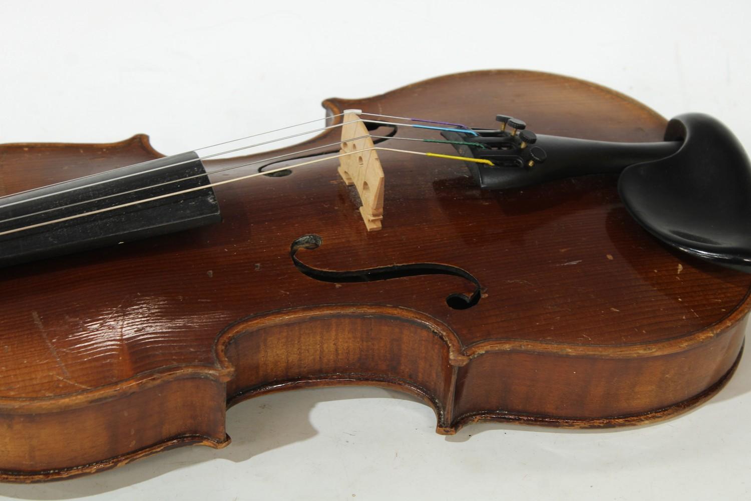 A 19th century German 3/4 size violin, the two-piece back 33.5cm long excluding button, outlined - Image 7 of 8