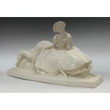 A French ceramic model of a seated crinoline lady, glazed in white, after Lejan, 50cm