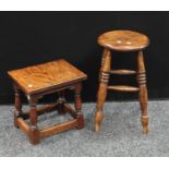An Victorian turned elm kitchen stool c1850 35cm high; A 19th century oak joint stool. 54cm high(2)