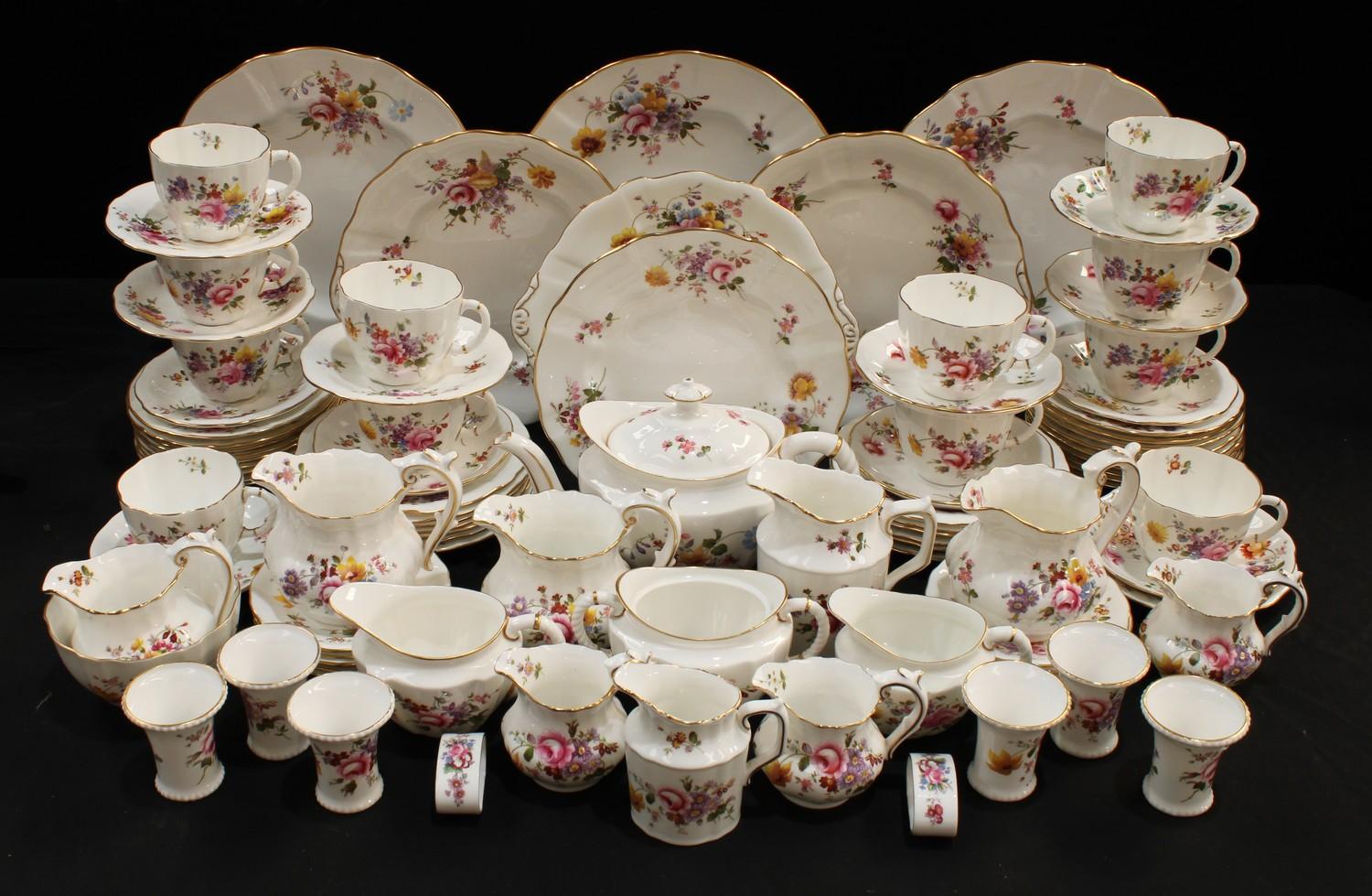 A Royal Crown Derby Posie pattern teapot, milk and sugar, teacups and saucers, teaplates, sandwich